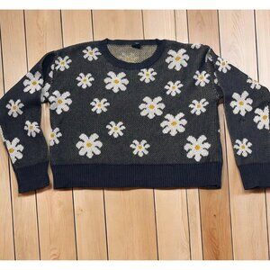 IJOAH Cropped Sweater Womens S Black Daisy Flower Crew Neck Long Sleeve Pullover